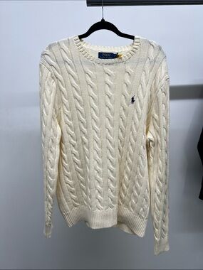 Polo by Ralph Lauren Cream Cable Knit Crewneck Sweater with Navy Pony
